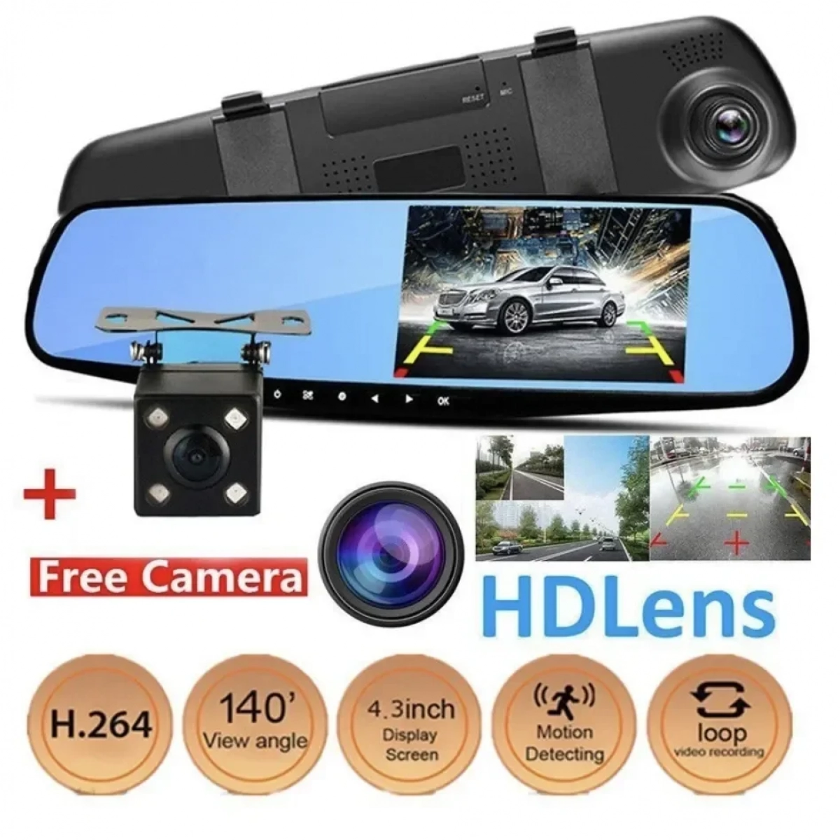 Σετ Καθρέπτης με Κάμερα DVR Αυτοκινήτου 1080P με Οθόνη 4.3″ με Κλιπ & Κάμερα Οπισθοπορείας