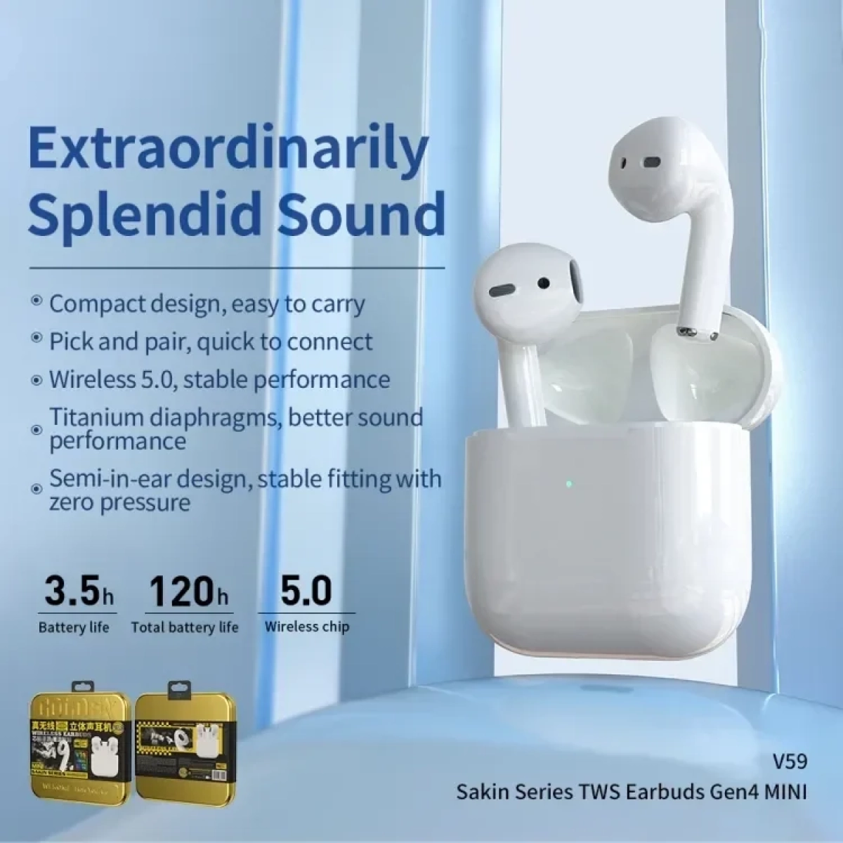WK TWS V59 Earbud Bluetooth Handsfree Ακουστικά με Θήκη Φόρτισης - Λευκό