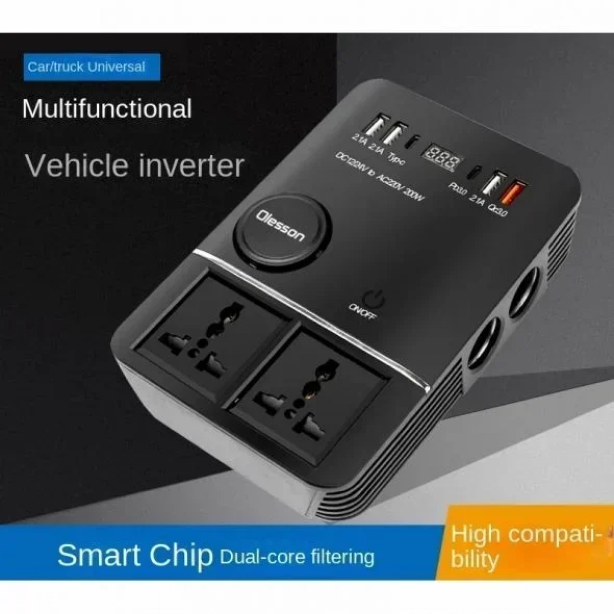 Inverter αυτοκινήτου 200W για μετατροπή 12V – 24V DC σε 220V AC με 4xUSB Olesson 1661 μαύρο