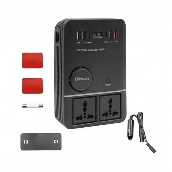 Inverter αυτοκινήτου 200W για μετατροπή 12V – 24V DC σε 220V AC με 4xUSB Olesson 1661 μαύρο