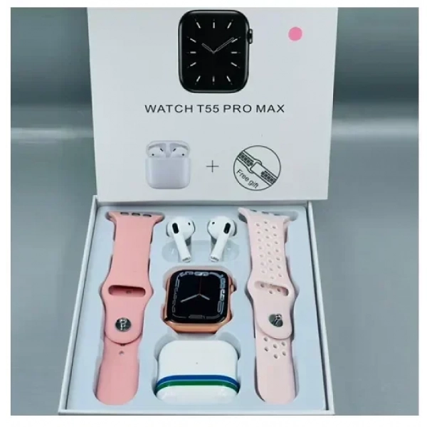 Ρολόι Smartwatch με παλμογράφο & οθόνη αφής T55 Pro Max ροζ