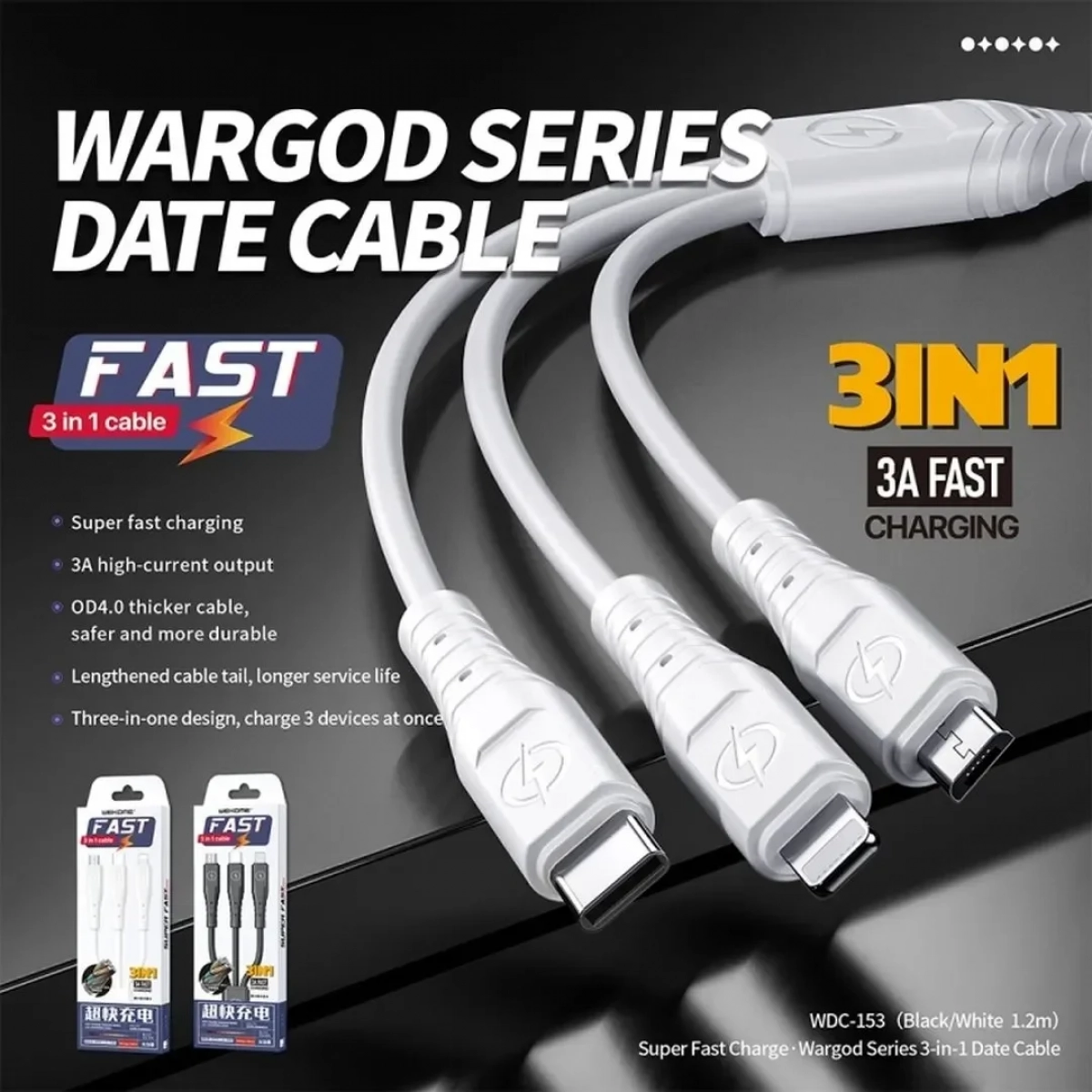 WK WDC-153 Regular USB to Lightning / micro USB / Type-C Cable Λευκό 1.2m