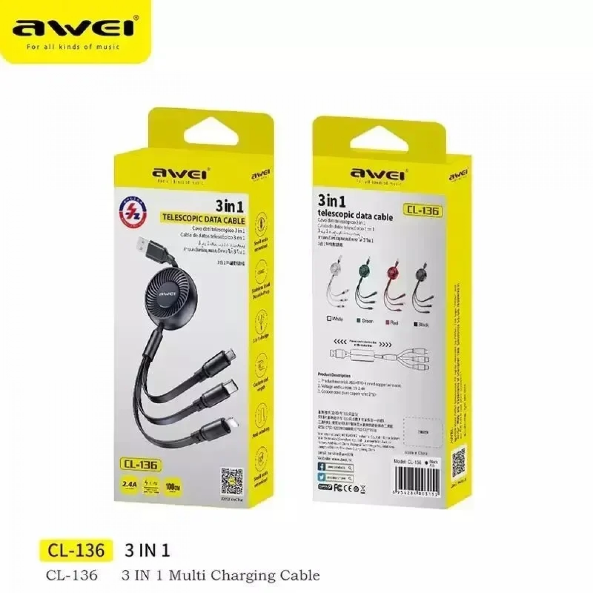 Awei CL-136 USB σε Lightning/ Τype C/ micro USB Μαύρο