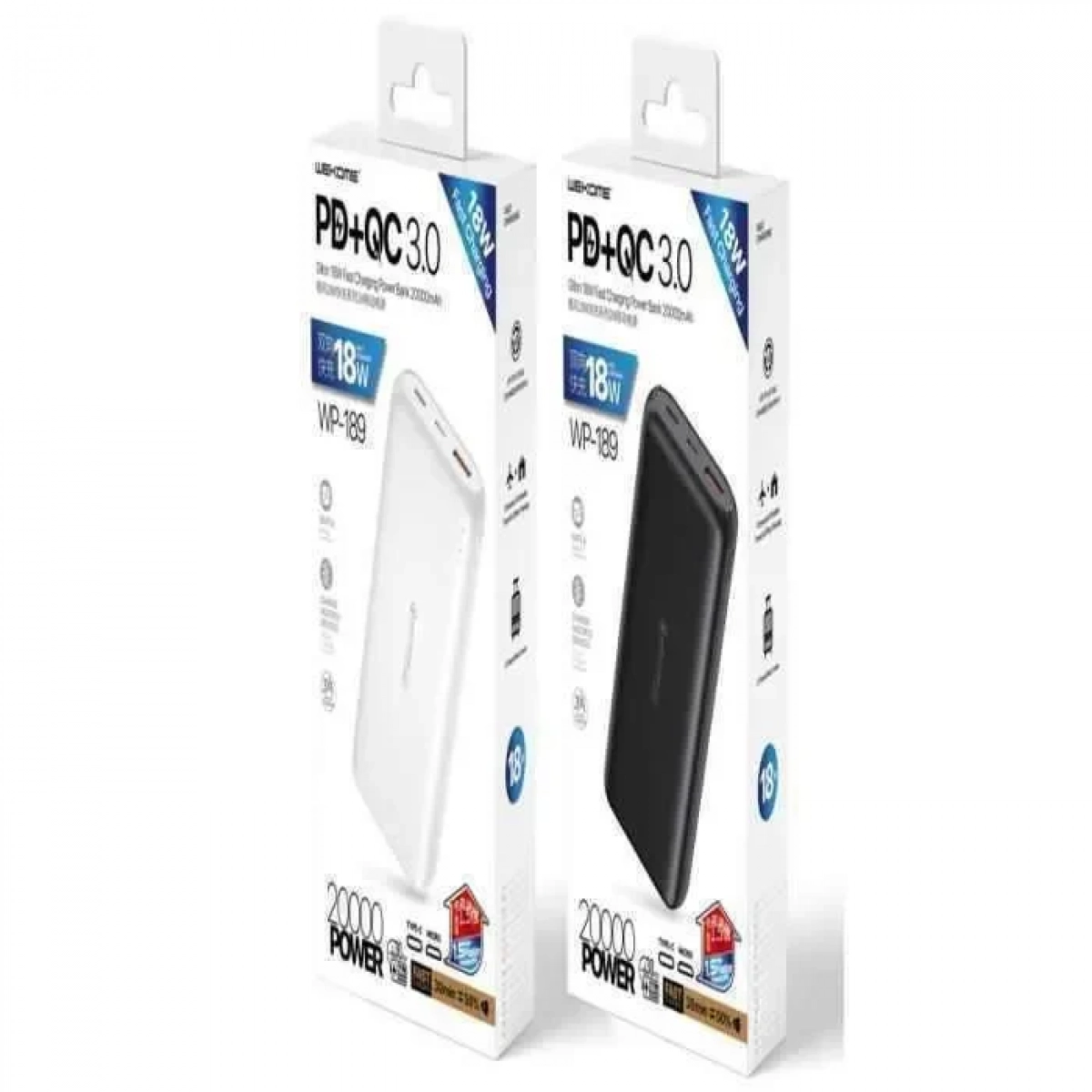 WK WP-189 Power Bank 20000mAh 18W με Θύρα USB-A και Θύρα USB-C Quick Charge 3.0 Λευκό
