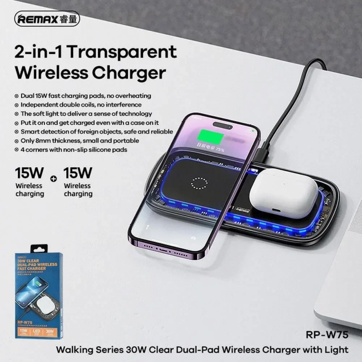 Remax RP-W75 Ασύρματος Φορτιστής (Qi Pad) 15W Μαύρος