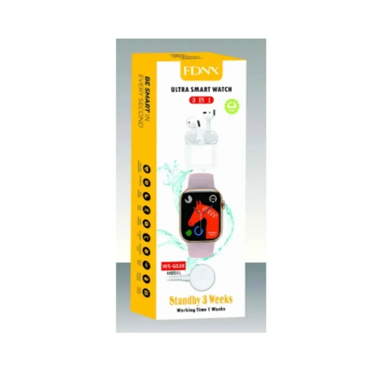 Ultra Smartwatch 3 σε 1 - Ρολόι, Ακουστικά και Καλώδιο Φόρτισης FDNX WS-GS38 σε Μαύρο Χρώμα