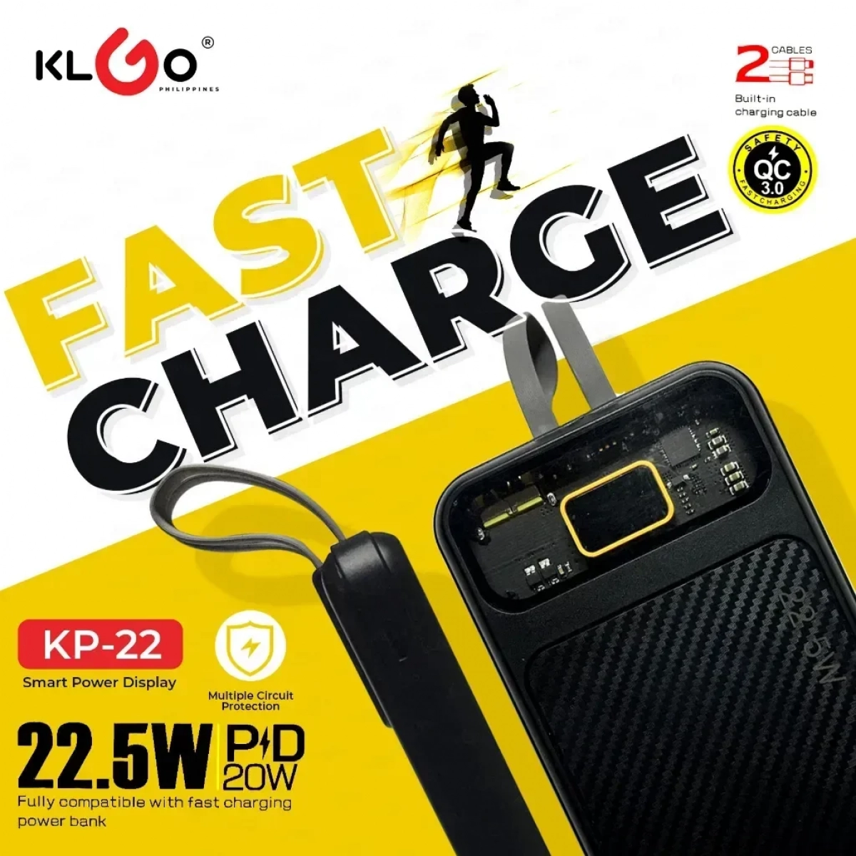 Powerbank Γρήγορης Φόρτισης 10000mAh 20w με ενσωματωμένη οθόνη LED KLGO KP-22 σε Μαύρο Χρώμα