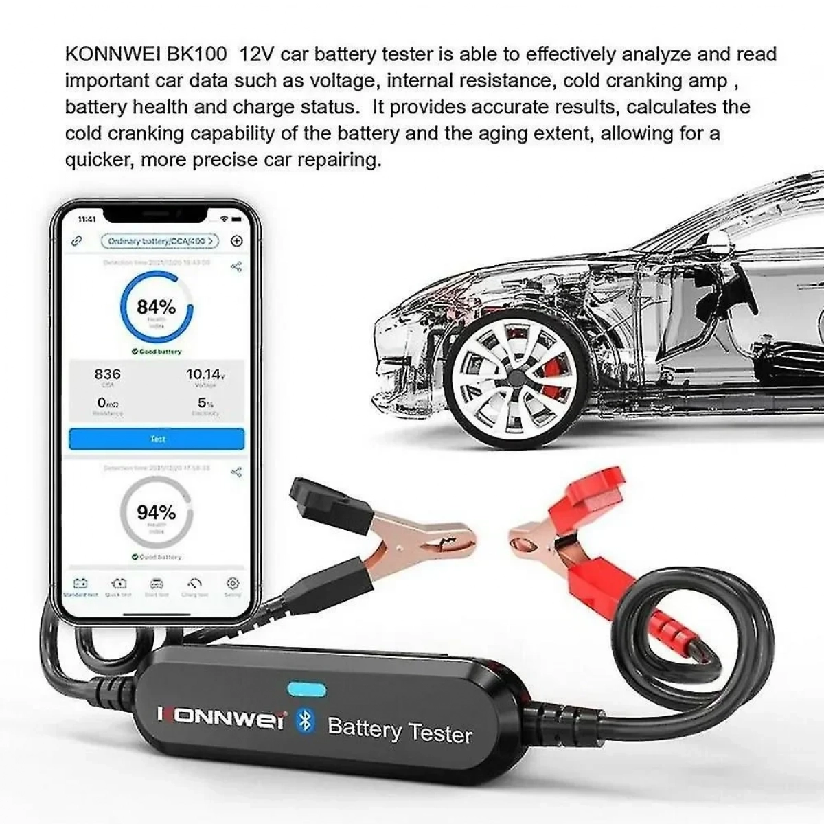 Διαγνωστικό μπαταριών 12V Bluetooth για Android και iOS μαύρο με Κροκοδειλάκια BK100 KONNWEI