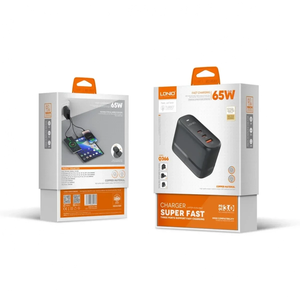 Φορτιστής Γρήγορης Φόρτισης LDNIO Q366 65W GaN / PD QC 3.0 σε Μαύρο Χρώμα