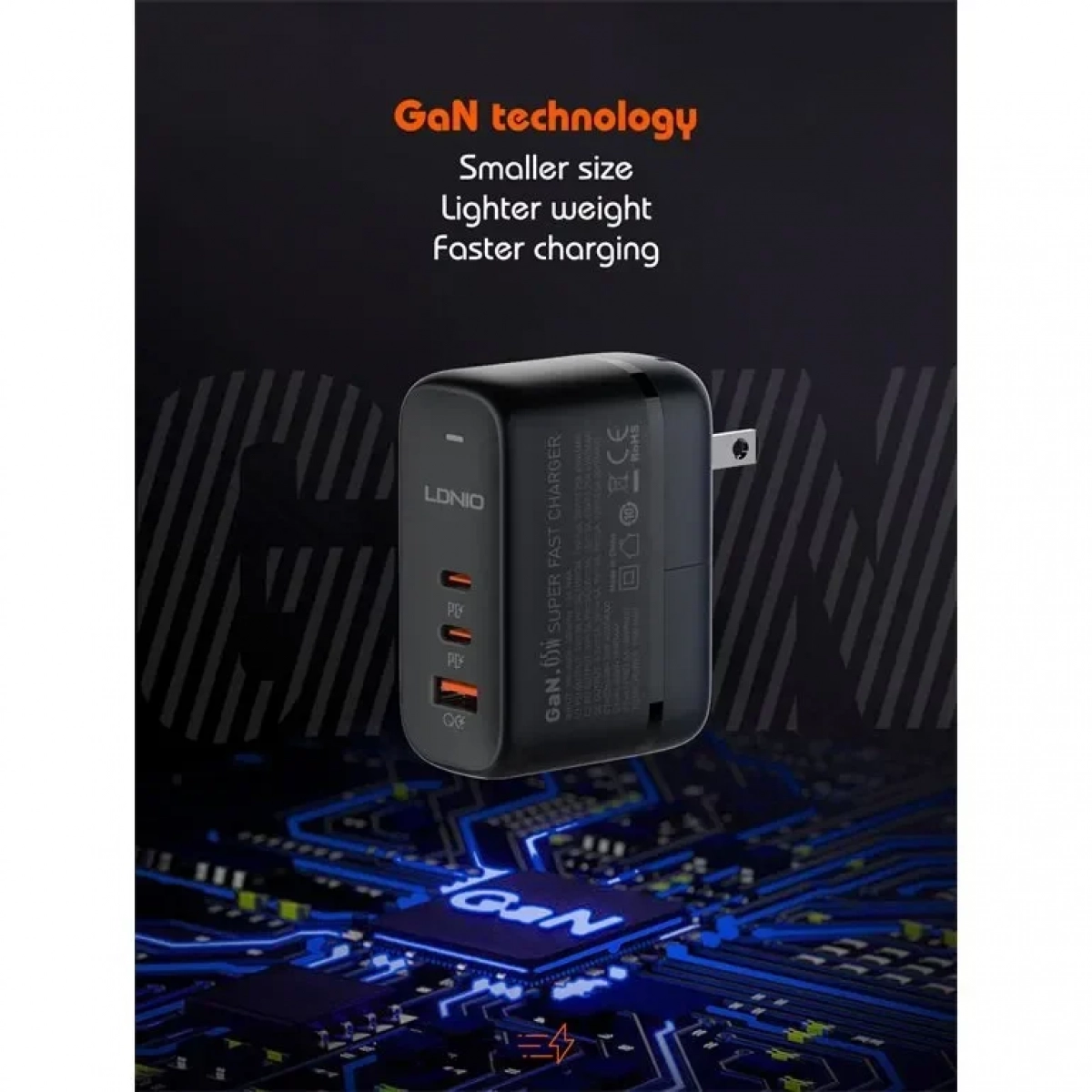 Φορτιστής Γρήγορης Φόρτισης LDNIO Q366 65W GaN / PD QC 3.0 σε Μαύρο Χρώμα