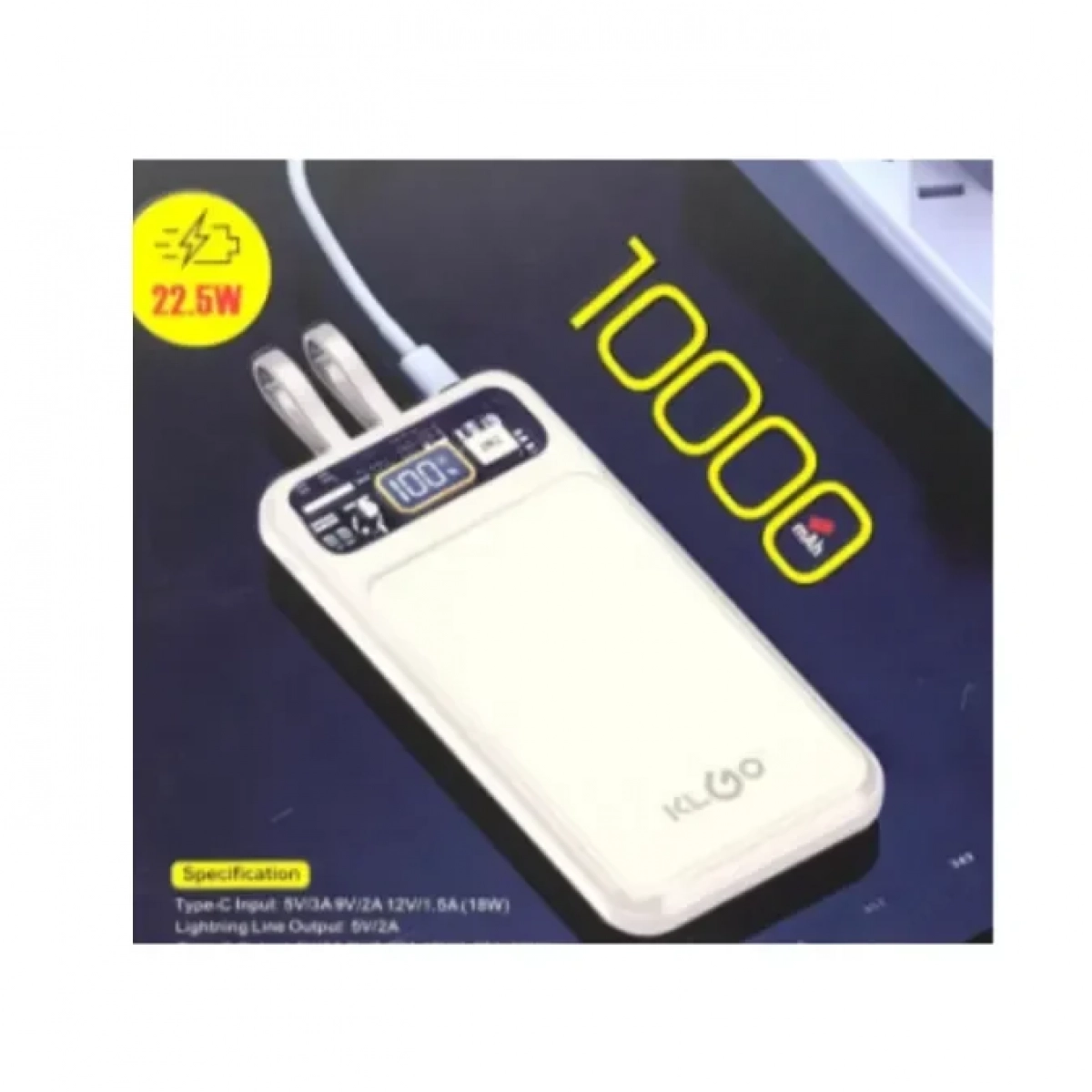 Powerbank Γρήγορης Φόρτισης 10000mAh 20w με ενσωματωμένη οθόνη LED KLGO KP-22 σε Λευκό Χρώμα