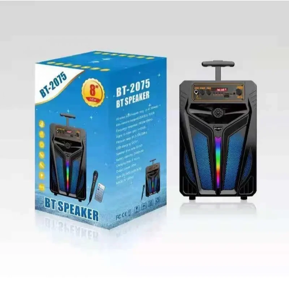 Φορητό Super Bass Ηχείο Bluetooth/USB/TF/LED 8'' BT-2075 σε Μαύρο Χρώμα