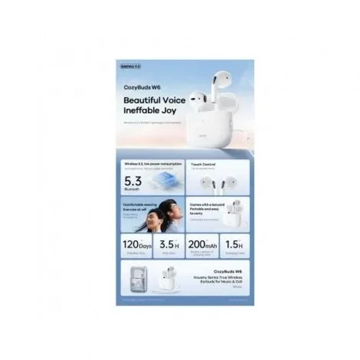 Remax Cozybuds W6 Bluetooth Handsfree Ακουστικά με Θήκη Φόρτισης Λευκά