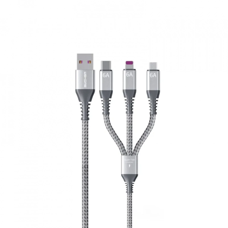 WEKOME WDC-170 3 σε 1 USB-A σε USB-C Lightning Micro USB Καλώδιο PD γρήγορης φόρτισης 1,2 m Ασημί