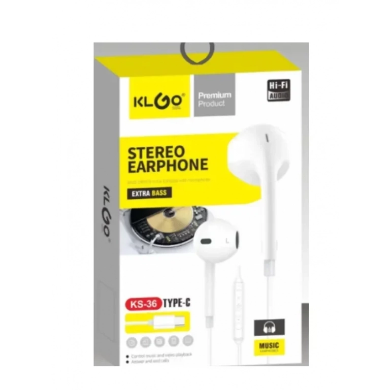 Ακουστικά Stereo Earphone Extra Bass με βύσμα USB-C KLGO KS-36 σε Λευκό Χρώμα