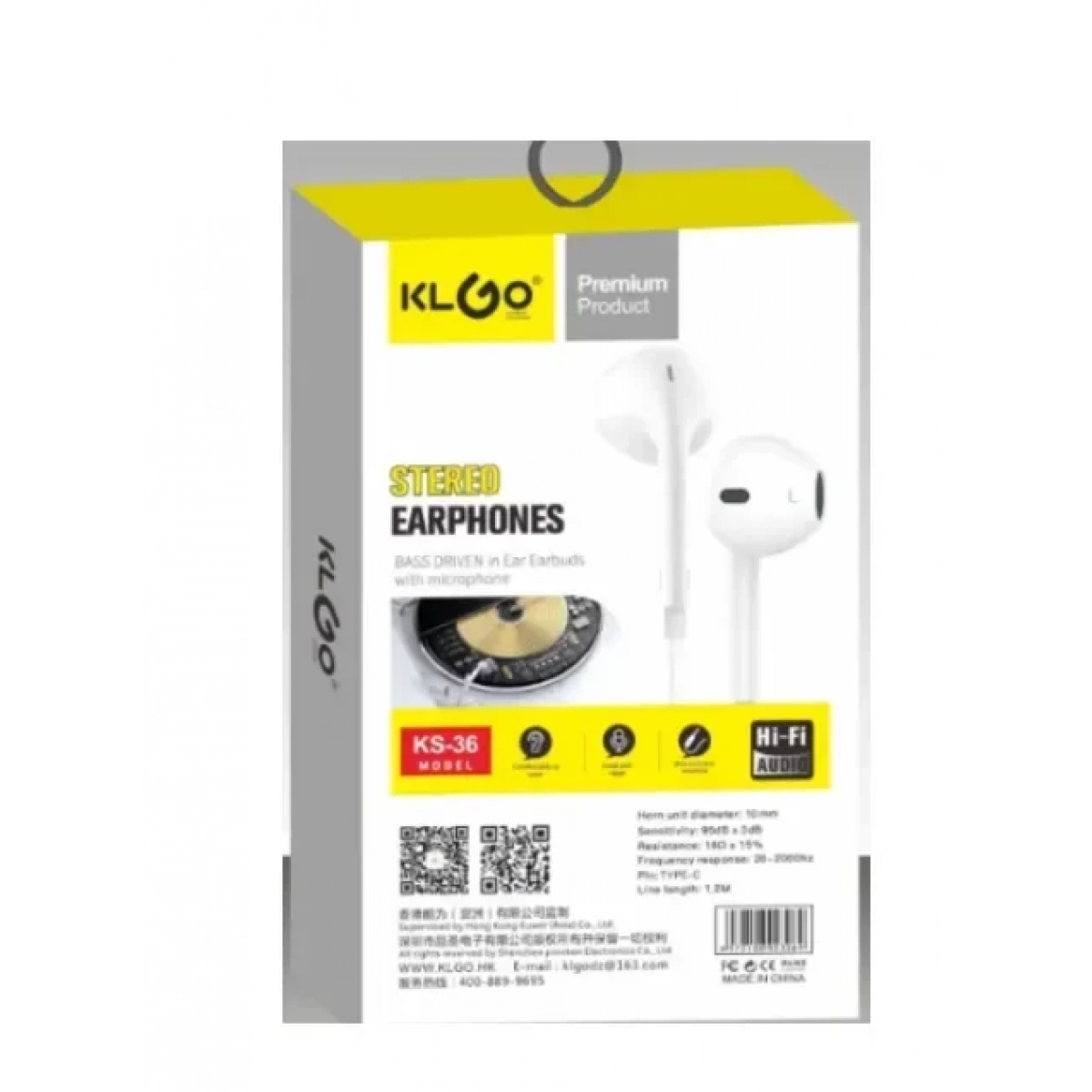 Ακουστικά Stereo Earphone Extra Bass με βύσμα USB-C KLGO KS-36 σε Λευκό Χρώμα