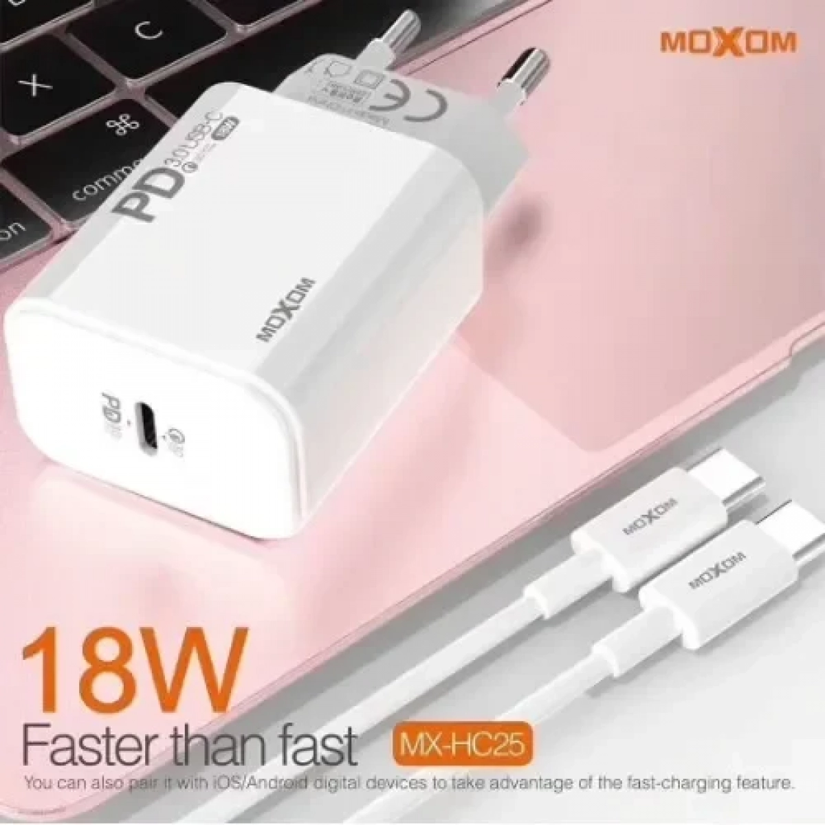 Moxom Φορτιστής με Θύρα USB-C και Καλώδιο USB-C 18W Power Delivery Λευκός (MX-HC25)