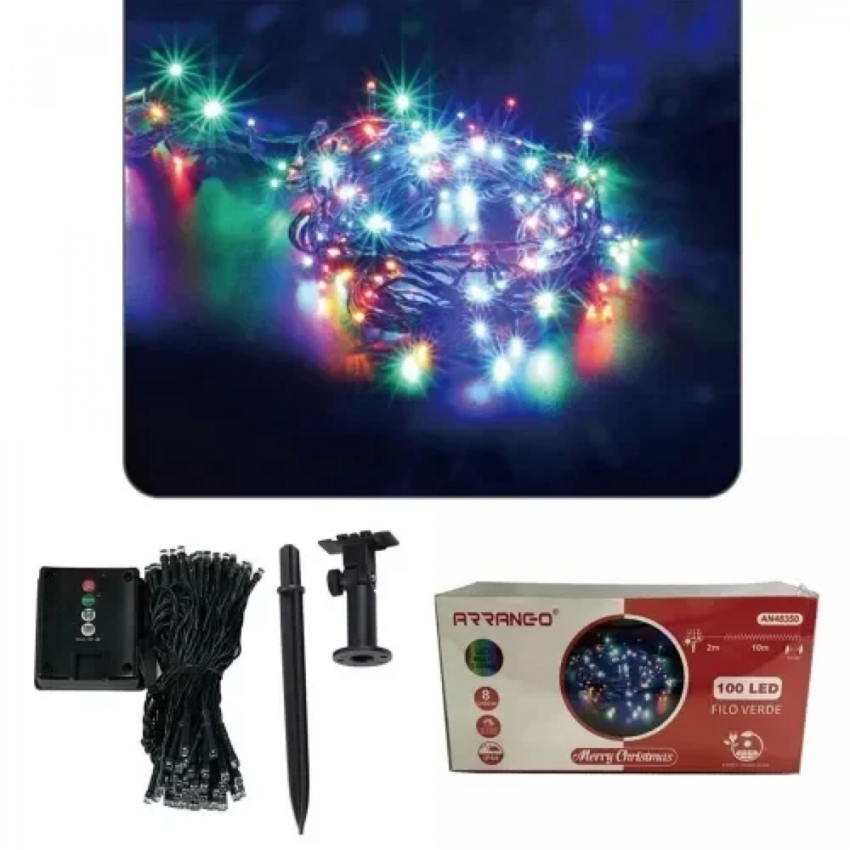Ηλιακά Χριστουγεννιάτικα Λαμπάκια 100LED με Πρόγραμμα RGB 10m IP44 με Πράσινο Καλώδιο AN48350 ARRANGO