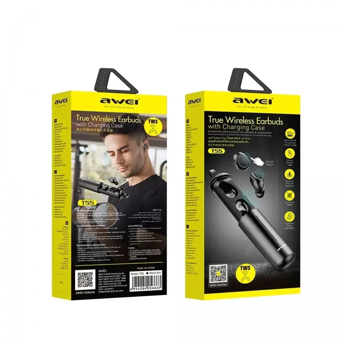 Ακουστικά Earbud Bluetooth Handsfree IPX4 με Αντοχή στον Ιδρώτα και Θήκη Φόρτισης Awei T55 Μαύρα