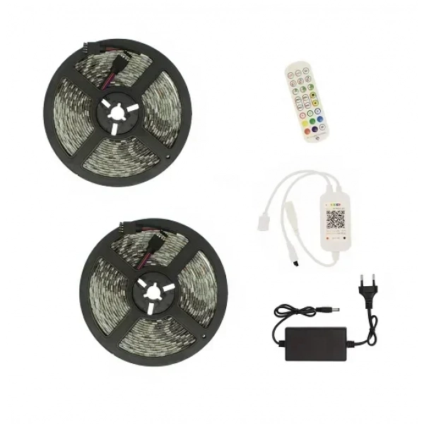 Αδιάβροχη LED ταινία 12V 10m (2x5m) με τηλεχειριστήριο, Bluetooth & τροφοδοτικό Music RGB IP65 RZ-0011