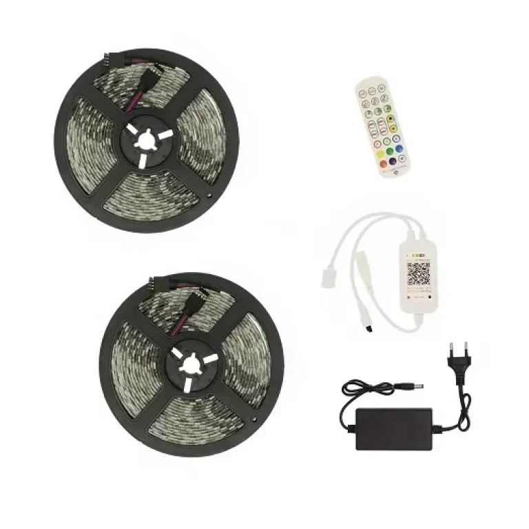 Αδιάβροχη LED ταινία 12V 10m (2x5m) με τηλεχειριστήριο, Bluetooth & τροφοδοτικό Music RGB IP65 RZ-0011