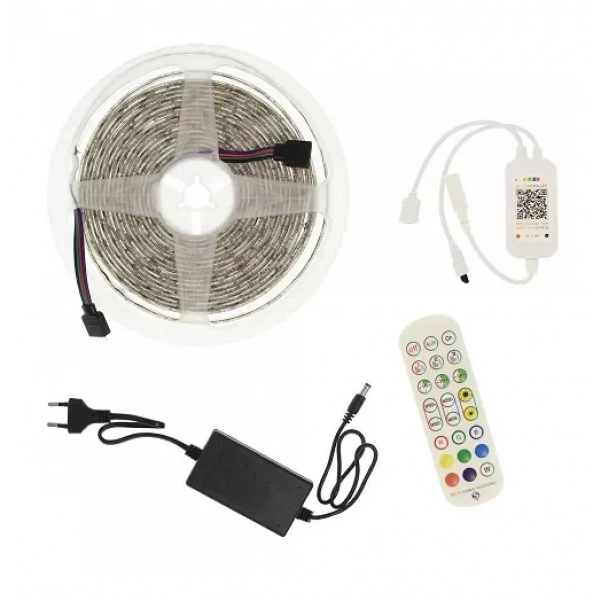 Αδιάβροχη LED ταινία 12V 5m με τηλεχειριστήριο, Bluetooth και τροφοδοτικό RGB IP65 RZ-0009