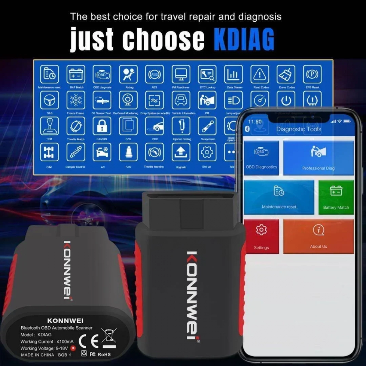 Διαγνωστικό αυτοκινήτου OBD 2 με Bluetooth KDIAG Konnwei