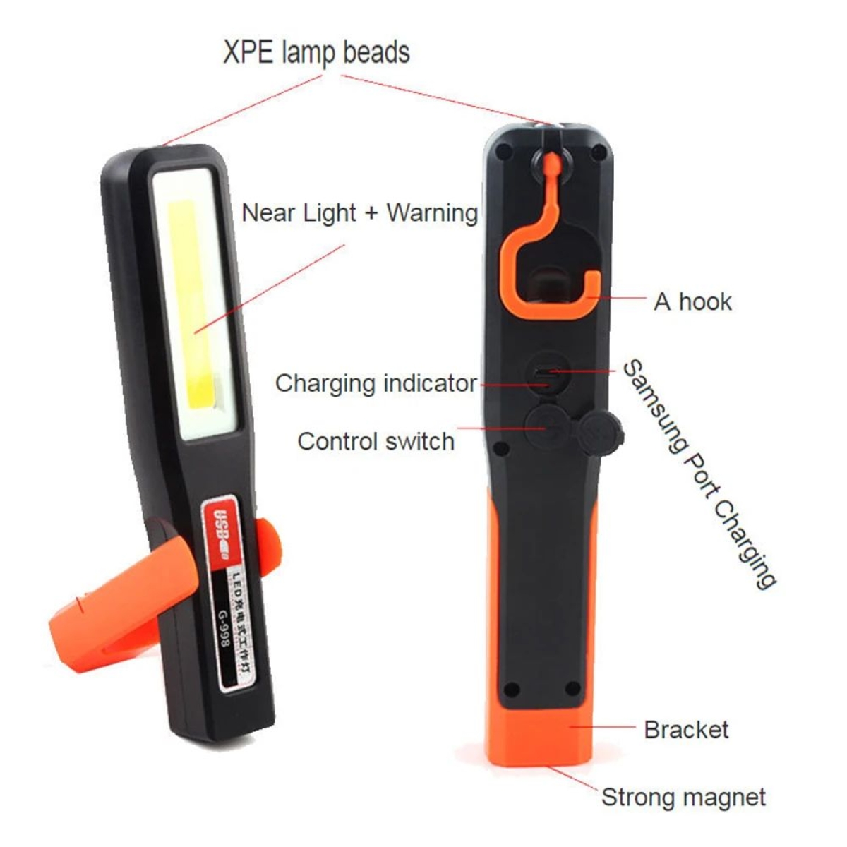 Επαναφορτιζόμενος φακός συνεργείου LED XPE με 3 λειτουργίες & μαγνήτη – γάντζο – περιστρεφόμενη βάση G – 998