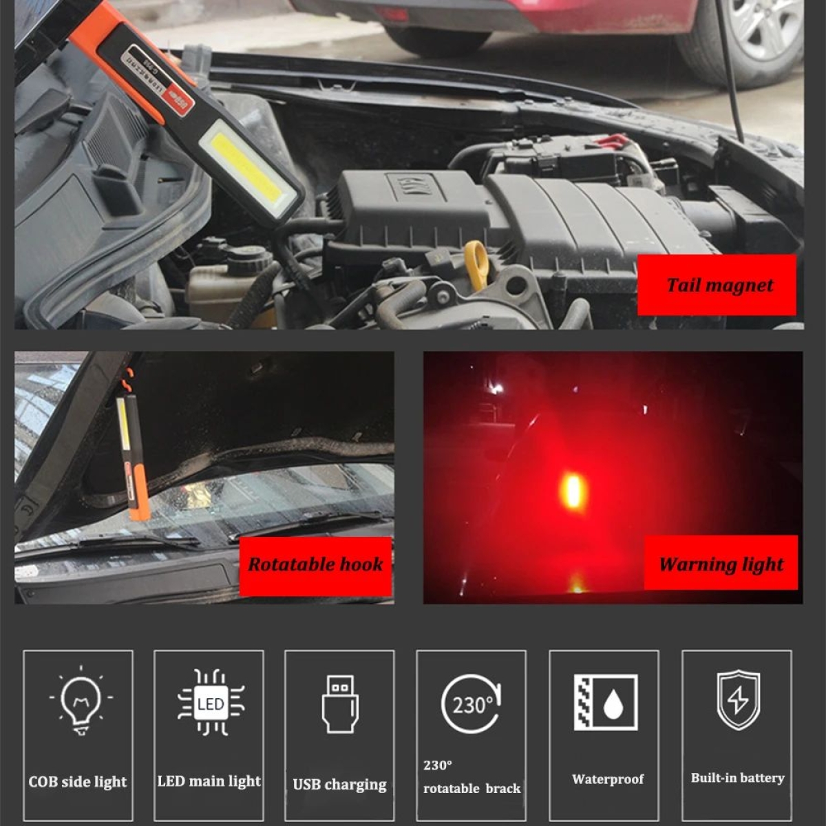 Επαναφορτιζόμενος φακός συνεργείου LED XPE με 3 λειτουργίες & μαγνήτη – γάντζο – περιστρεφόμενη βάση G – 998