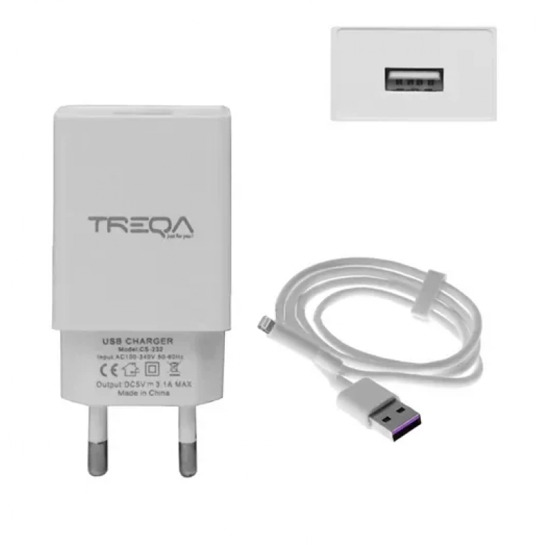 Φορτιστής ταχείας φόρτισης με 1 θύρα USB 3.1A και καλώδιο Lightning 1m Treqa CS-232 λευκό