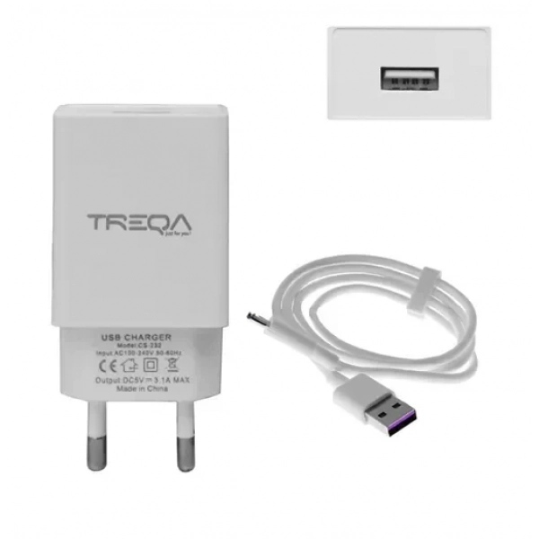 Φορτιστής ταχείας φόρτισης με 1 θύρα USB 3.1A και καλώδιο USB Type-C 1m Treqa CS-232 λευκό