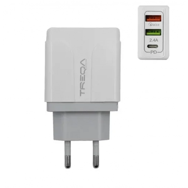 Φορτιστής ταχείας φόρτισης με 2 θύρες USB 5.4A, 1 θύρα USB-C PD 38W χωρίς καλώδιο Treqa CH-640 λευκό