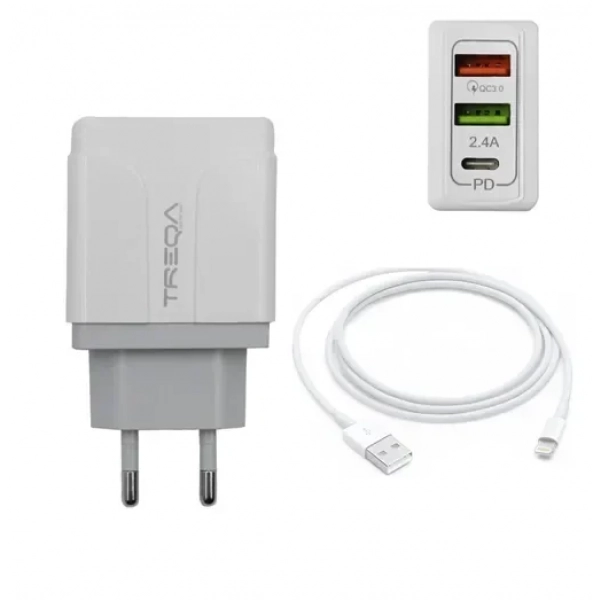 Φορτιστής ταχείας φόρτισης με 2 θύρες USB 5.4A, 1 θύρα USB-C PD 38W & καλώδιο Lightning 1m Treqa CH-640-L λευκό