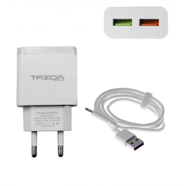 Φορτιστής ταχείας φόρτισης με 2 θύρες USB 5.4A, 1 θύρα USB-C PD 38W & καλώδιο USB Type-C 1m Treqa CH-631-TC λευκό