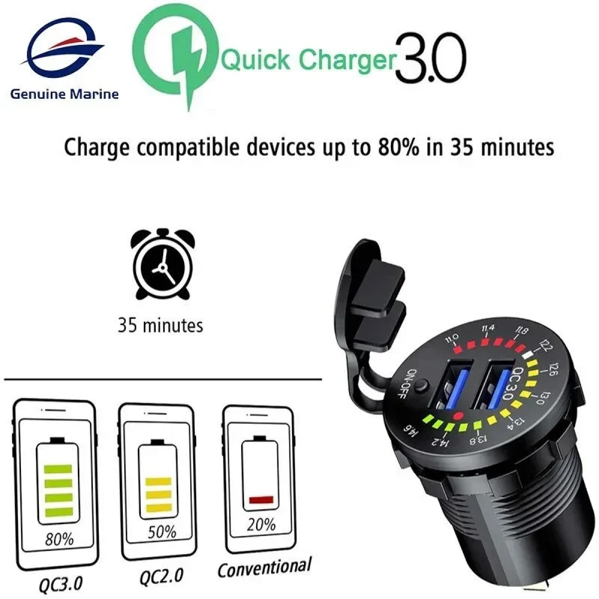 Αδιάβροχος 2xUSB Ταχυφορτιστής QC3.0 12V Μοτοσυκλέτας με Φωτεινό Βολτόμετρο - Μαύρο - Image 7