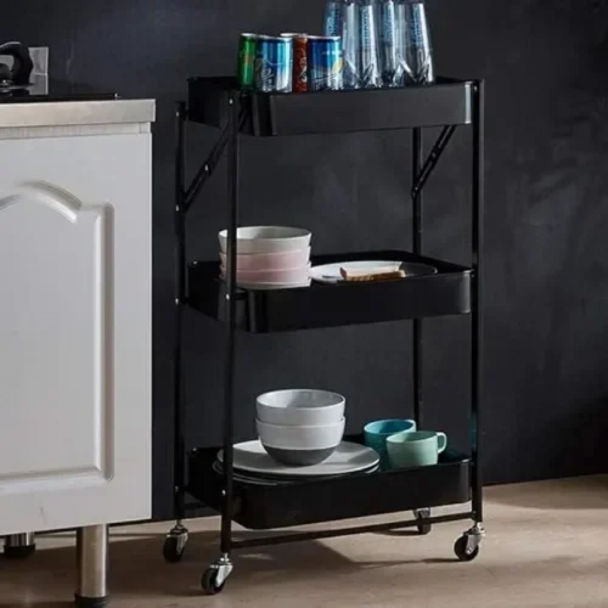 Πολυλειτουργικό Καρότσι Αποθήκευσης 3 Επιπέδων Πτυσσόμενο με Ροδάκια 45x30x77 εκ. Μαύρο