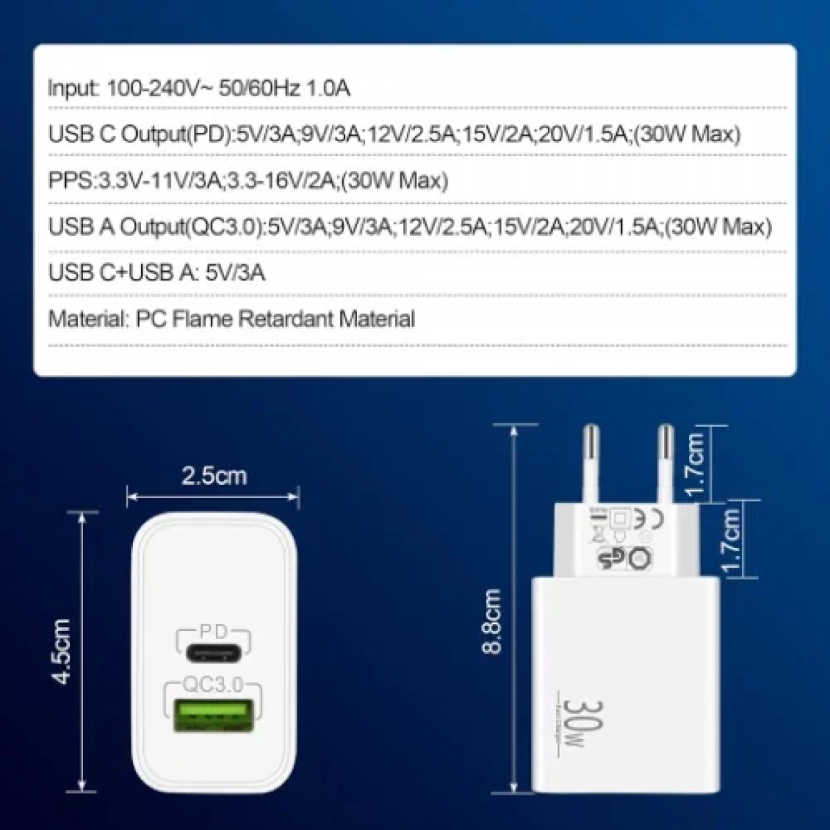 Φορτιστής ταχείας φόρτισης με 1 θύρα USB και καλώδιο Type-C To Type-C 30W Andowl Q-PD7