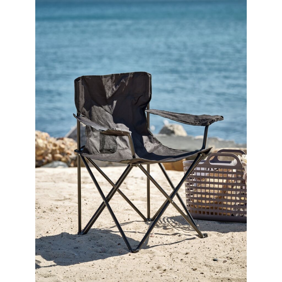 Αναδιπλούμενη Καρέκλα Camping με Θήκη Ποτηριού & Τσάντα Μεταφοράς Μαύρη - Image 5