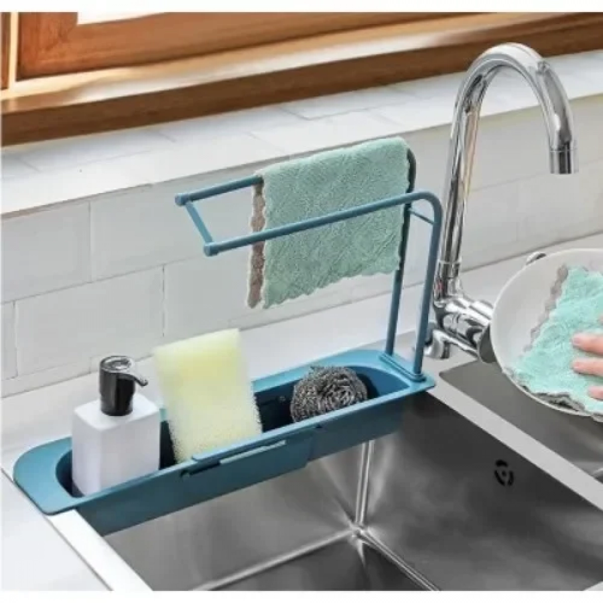 Τηλεσκοπικό Ράφι Νεροχύτη Κουζίνας με Καλάθι Αποθήκευσης - Στράγγισης για Σαπούνι και Σφουγγάρι