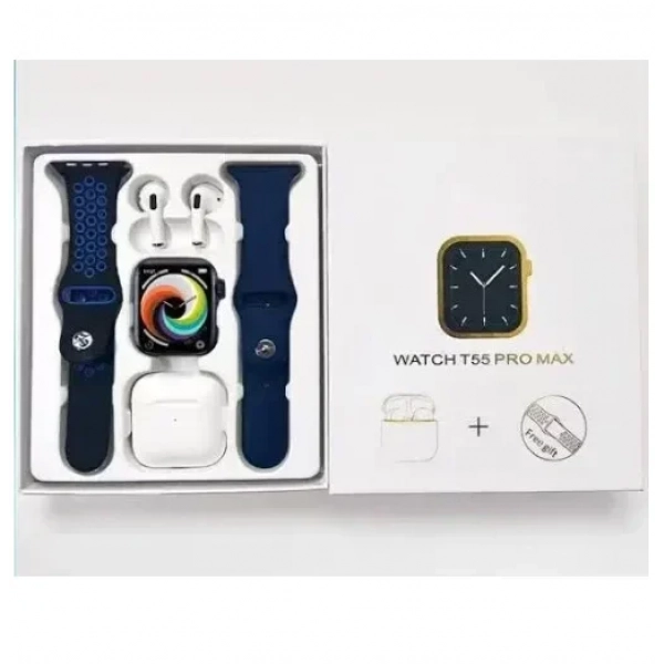 Ρολόι Smartwatch με παλμογράφο, οθόνη αφής & ακουστικά T55 Pro Max μπλε