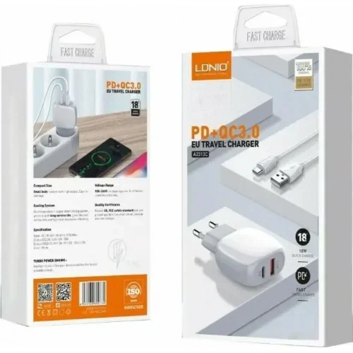 Φορτιστής με Θύρα USB-A και Θύρα USB-C και Καλώδιο USB-C 18W Power Delivery / Quick Charge 3.0 Λευκός LDNIO A2313C