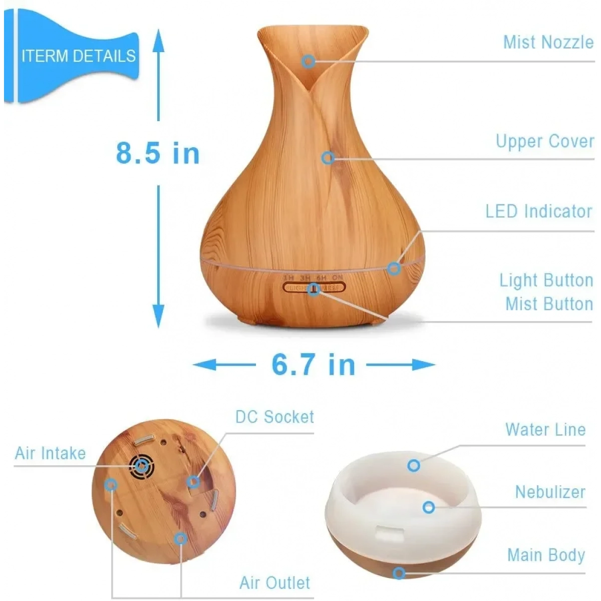 Υγραντήρας Υπερήχων & Αρωματοθεραπείας με LED Φωτισμό 550ml - Aroma Diffuser 7 LED Color Ανοιχτό Καφέ
