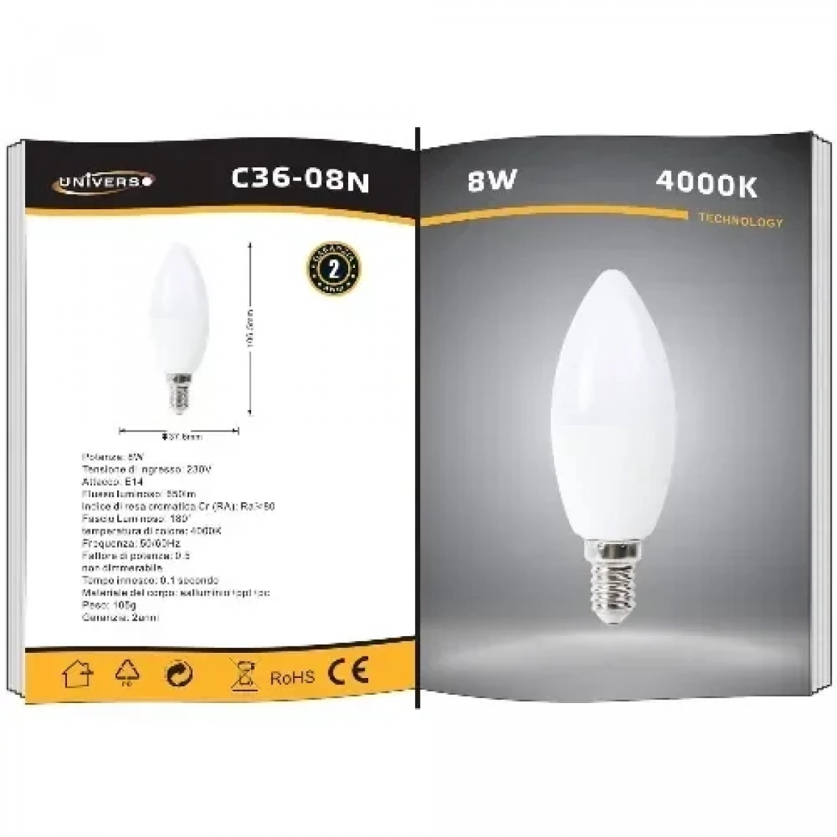 Universo Λάμπα LED για Ντουί E14 4000K Φυσικό Λευκό 650lm 8W C36-08N