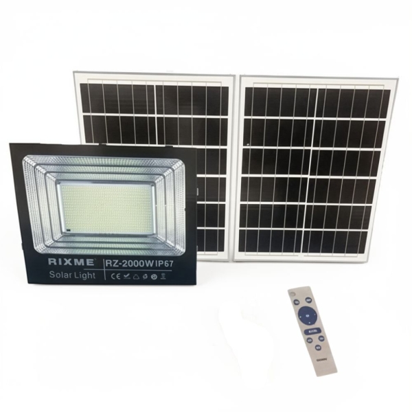 Αδιάβροχος ηλιακός προβολέας LED 2000W με 2 πάνελ και τηλεχειριστήριο Rixme