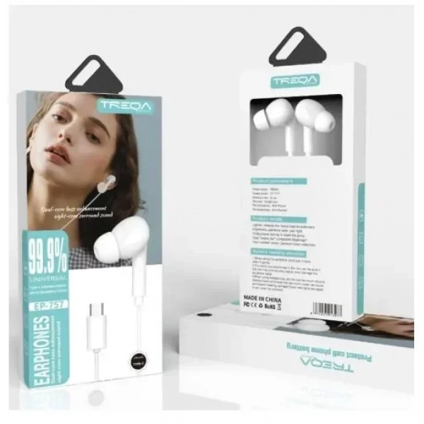 Ακουστικά κινητού Handsfree In-ear με βύσμα Type-C Treqa EP-757 λευκό