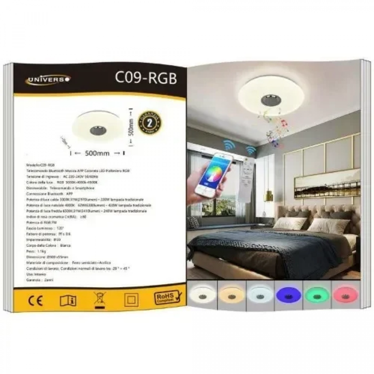 Φωτιστικό Οροφής Εσωτερικού Χώρου 62W RGB 500×500mm με Τηλεχειριστήριο και Ηχείο Universo C09-RGB
