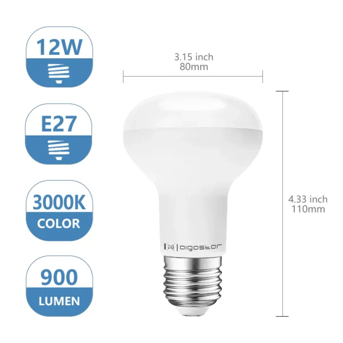 Λάμπα Led LED R80 E27 12W Θερμό Λευκό 3000K 1170lm Aigostar