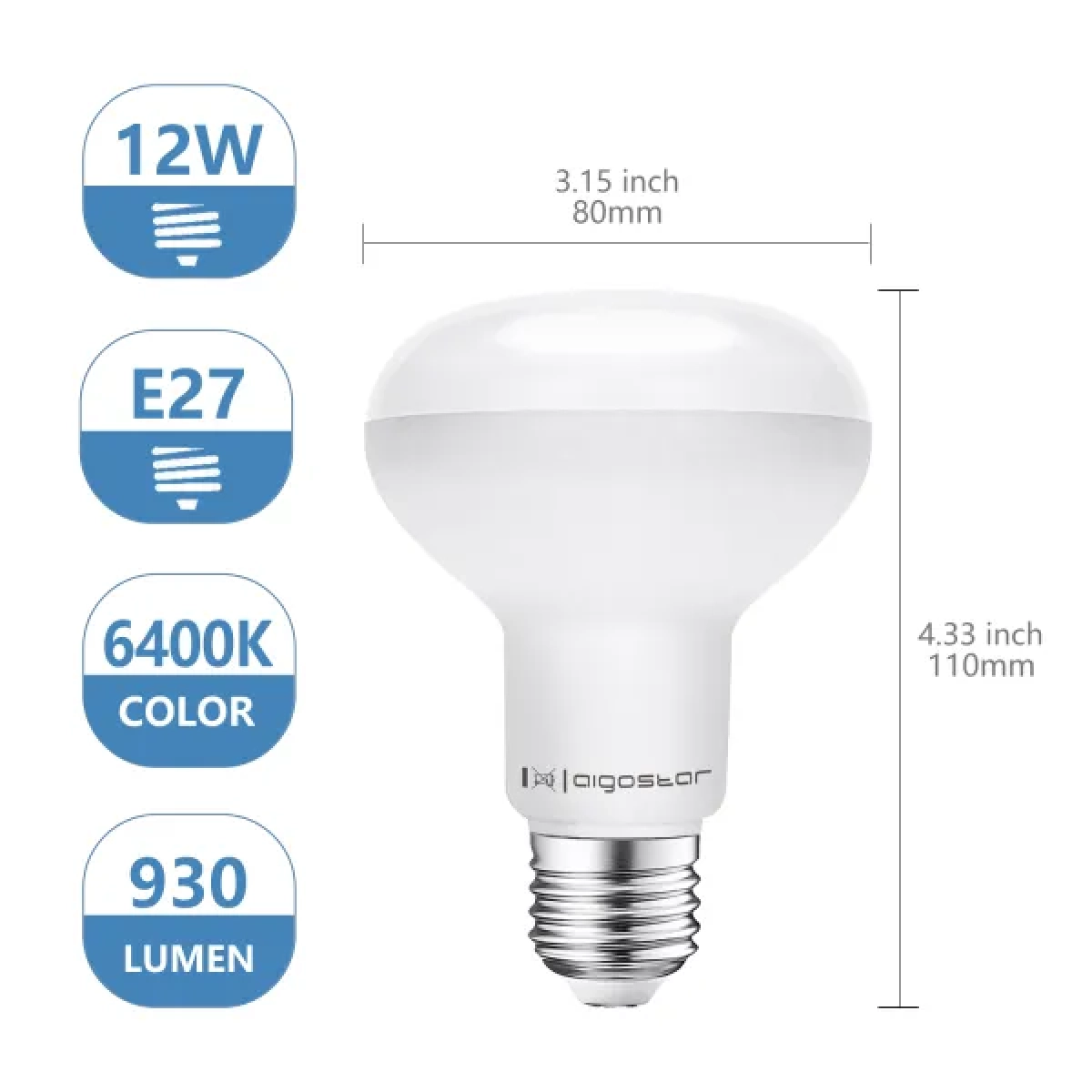 Λάμπα Led LED R80 E27 12W Ψυχρό Λευκό 6500K 1170lm Aigostar