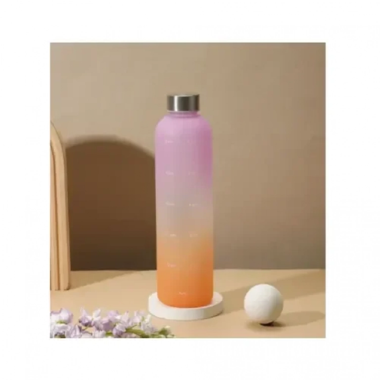 Μπουκάλι - Παγούρι Νερού 1L με δείκτες χρόνου για πρωί και απόγευμα Ροζ-Πορτοκαλί με Ασημί Καπάκι