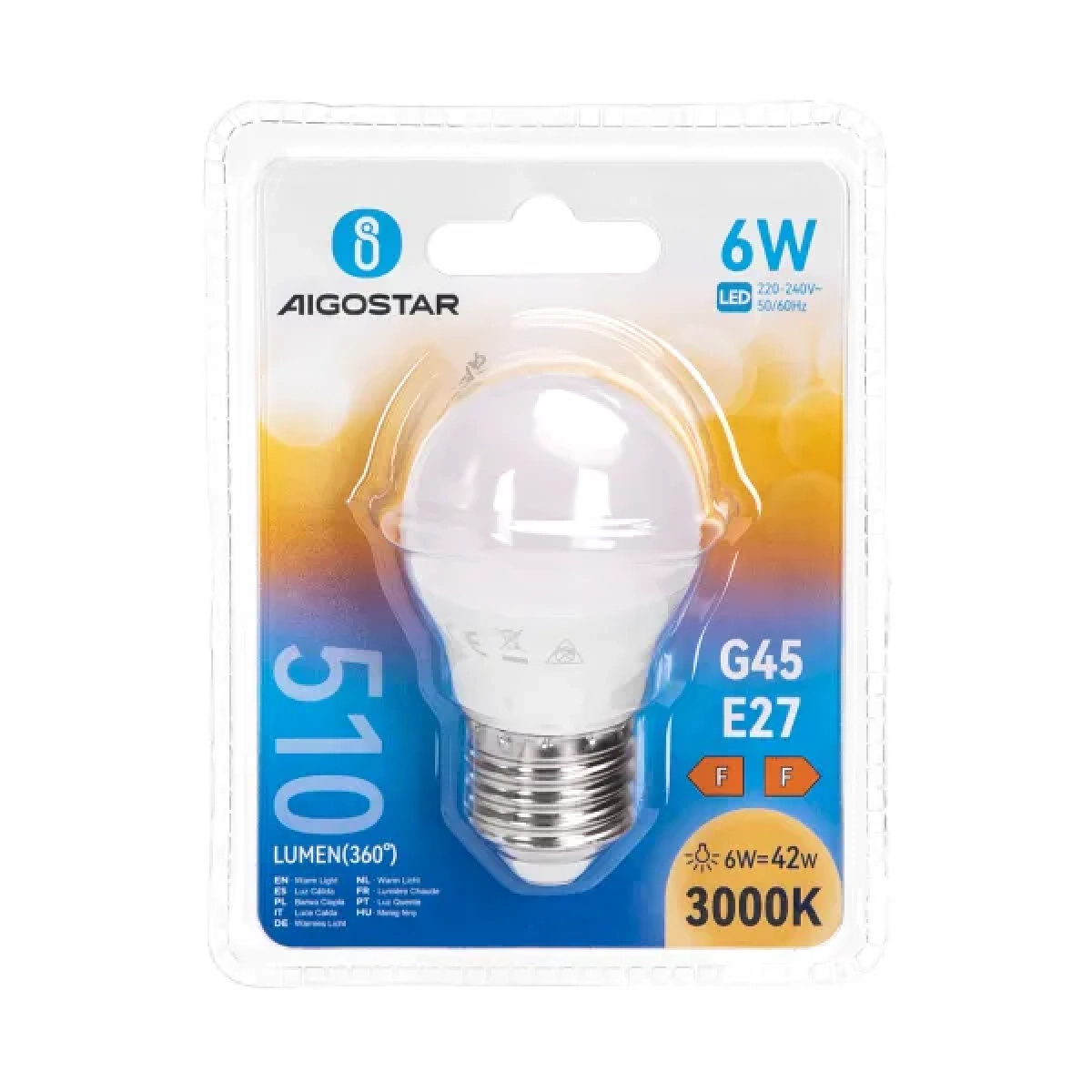 Λάμπα Led LED G45 E27 6W Θερμό Λευκό 3000K 510lm Aigostar